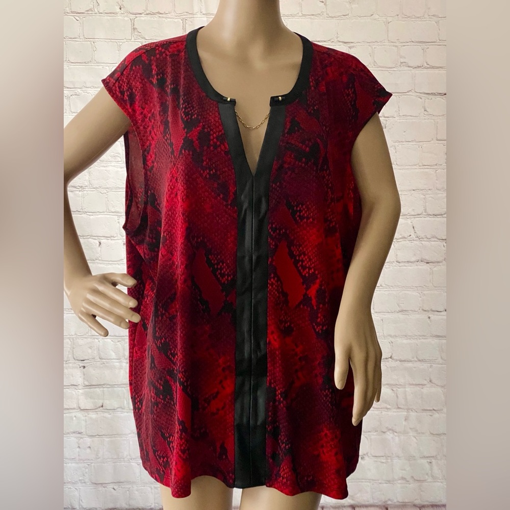 Calvin Klein Red Snake Print & Faux Leather Detail Shell Blouse Tank Top 3X NWT